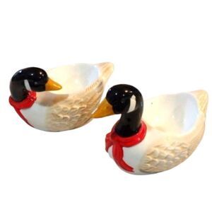 Set of 2 Ceramic Duck Novelty Egg Cups Black & White with Red Neckties